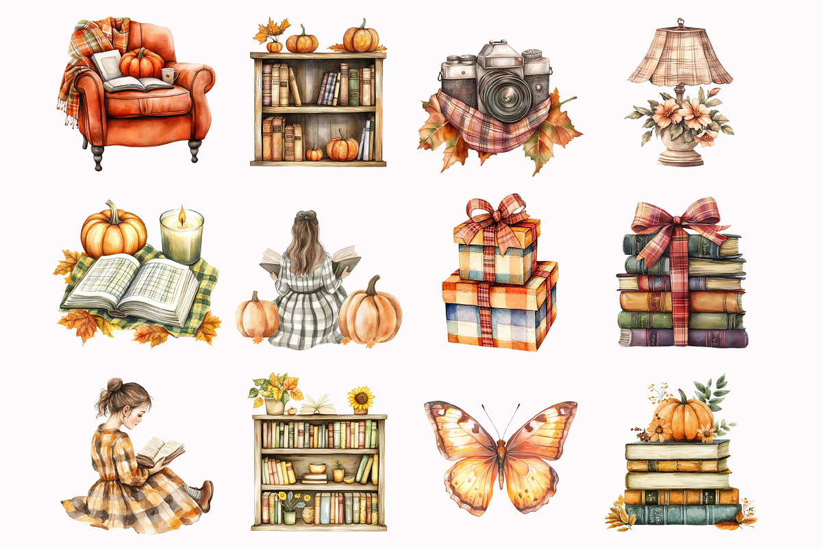 Watercolor Fall Plaid Bookworm clipa, an Illustration by Design Market (Photo 2 of 4)