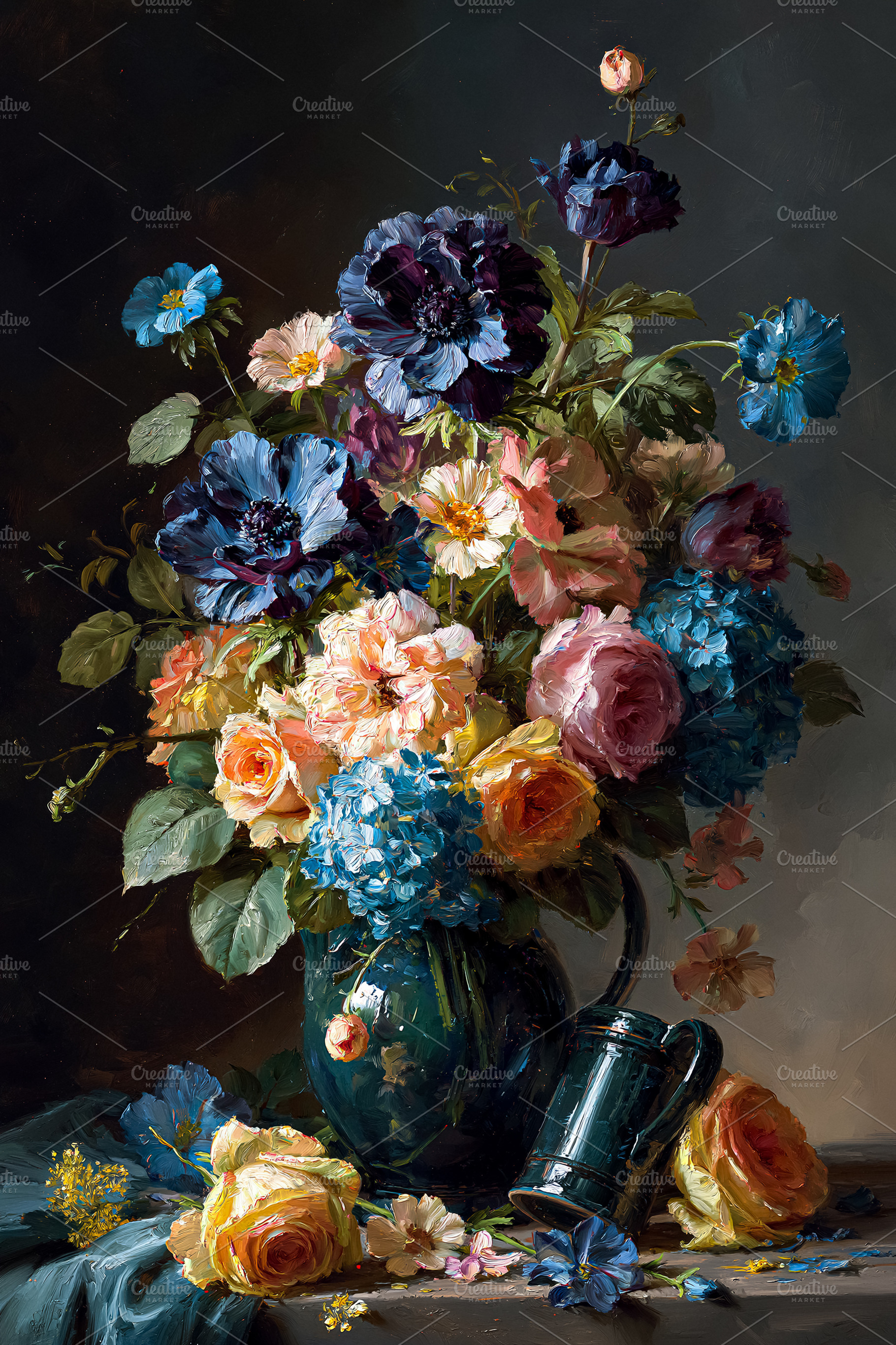 Still life oil painting featuring a vibrant floral bouquet with, a Photo by Studio ANNA