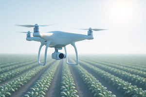 Drone above rows of crops in smart f, a Photo by Dvoevnore photos