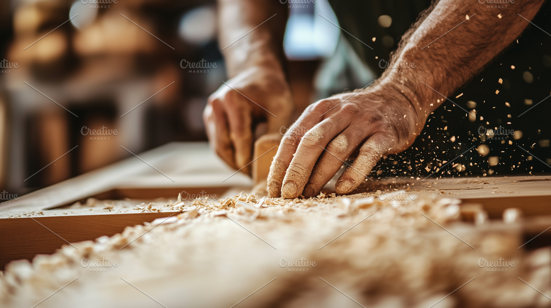 Close up on woodworker sanding wood, a Business Photo by MistyDay