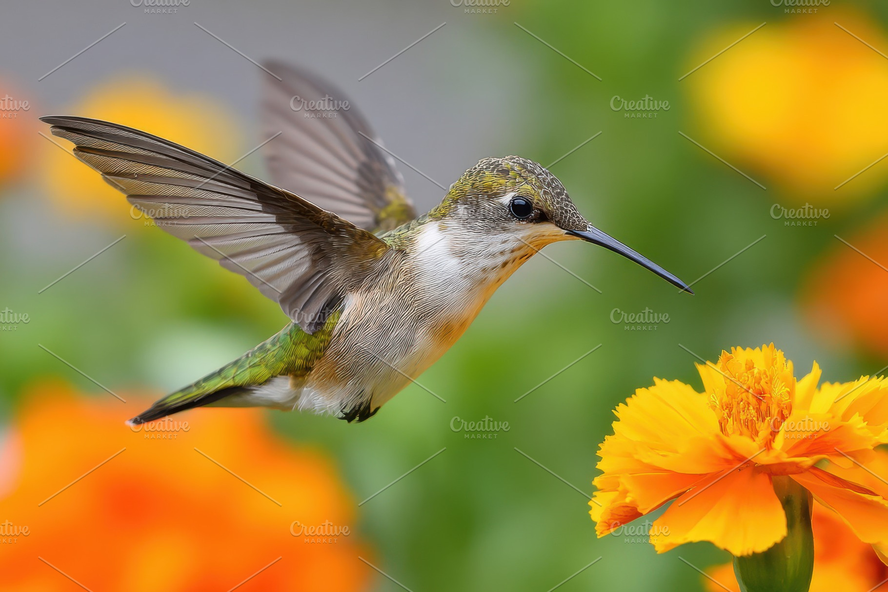 Vibrant hummingbird hovering near flowers, an Animal Photo by AlyaAnd
