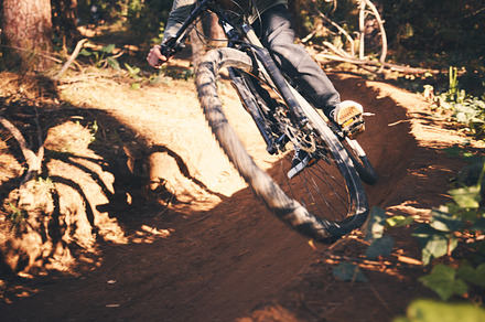 Cycling, closeup and wheel with man in nature for fitness, training and adventure. Extreme sports, speed and cardio with male cyclist on bike in forest park for travel, challenge and performance, a Photo by Peopleimages.com