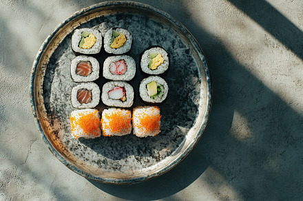 Fresh tasty sushi rolls of japanese cuisine, a Food & Drink Photo by AlyaAnd