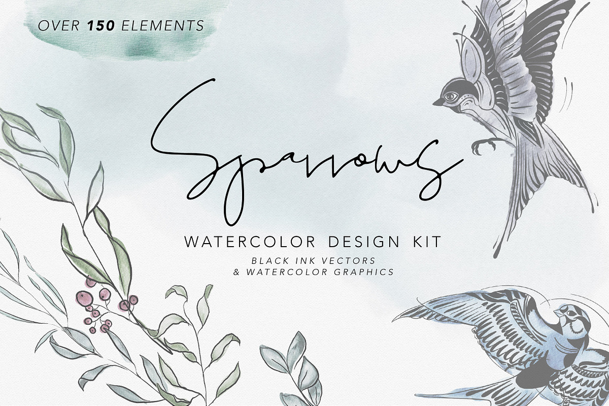 Sparrows Watercolor & Ink Design Kit, a Texture Illustration by Wooly Pronto (Photo 1 of 7)