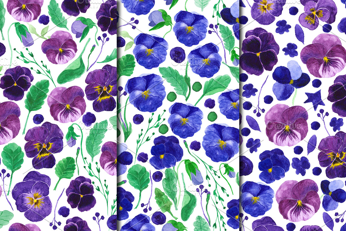 Watercolor purple Pansy flowers., an Illustration by Olgaart (Photo 3 of 7)