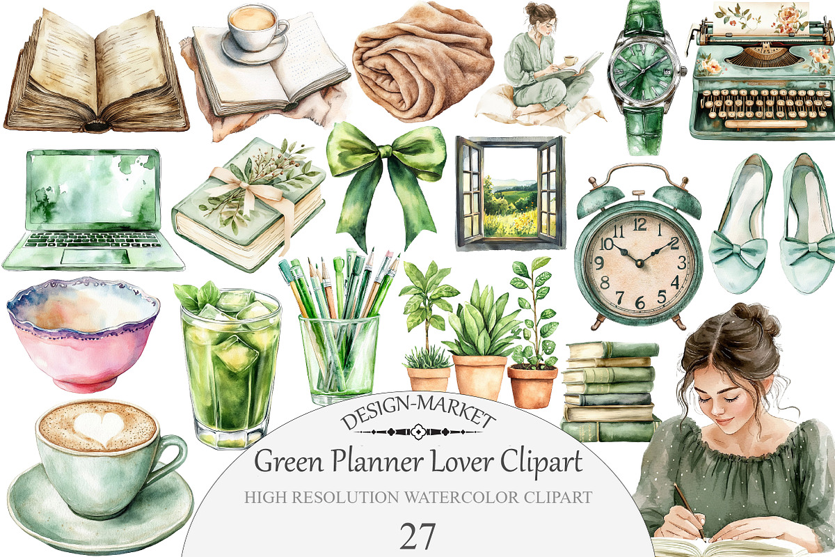 Watercolor Green Planner Lover Clipa, an Illustration by Design Market (Photo 1 of 3)