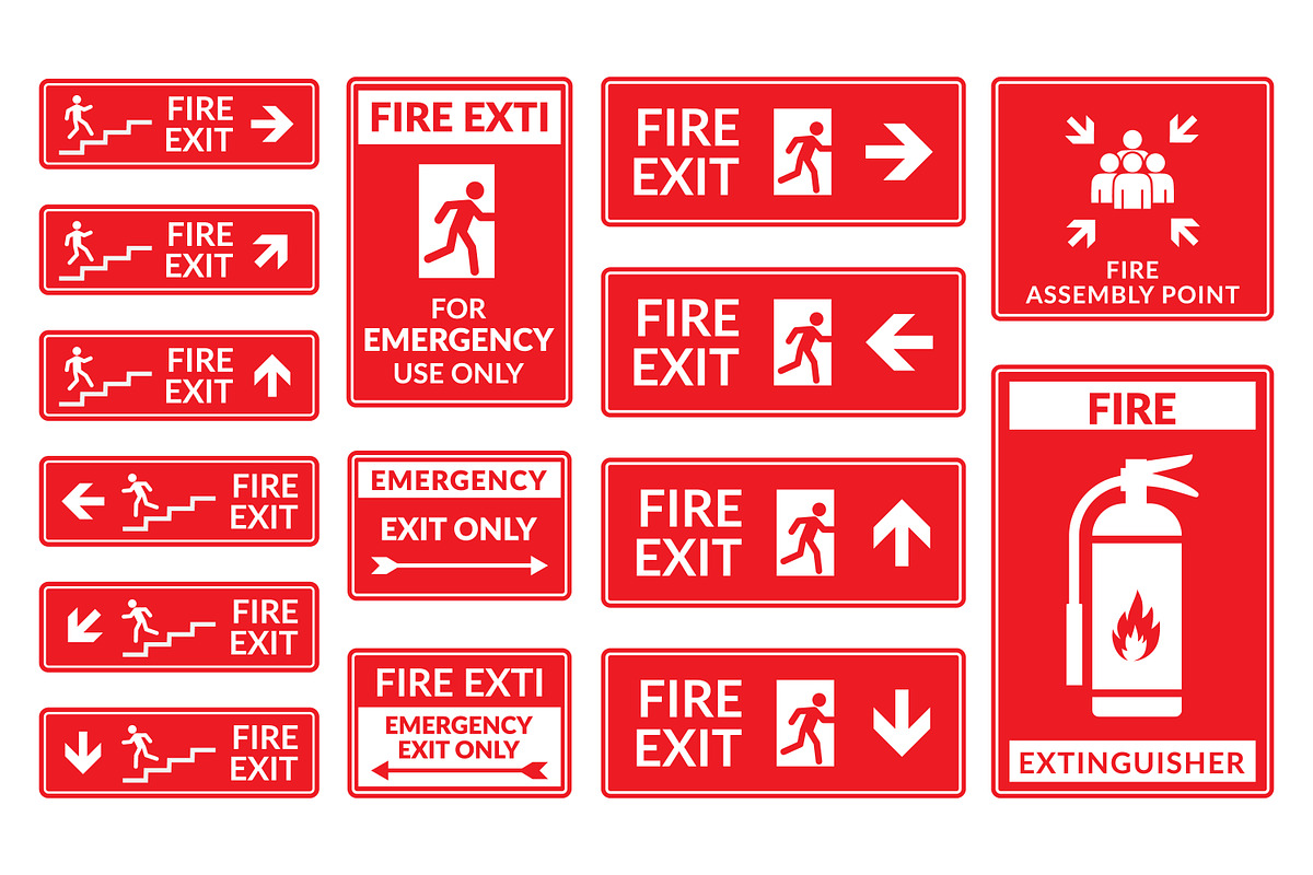 collection of fire exit safety signs, an Education Illustration by Saba Vector