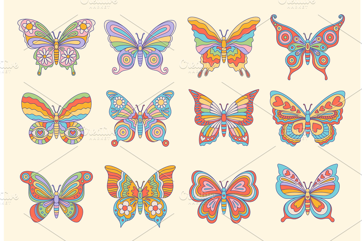 Groovy hippie butterfly insect, an Animal Illustration by Vector Tradition
