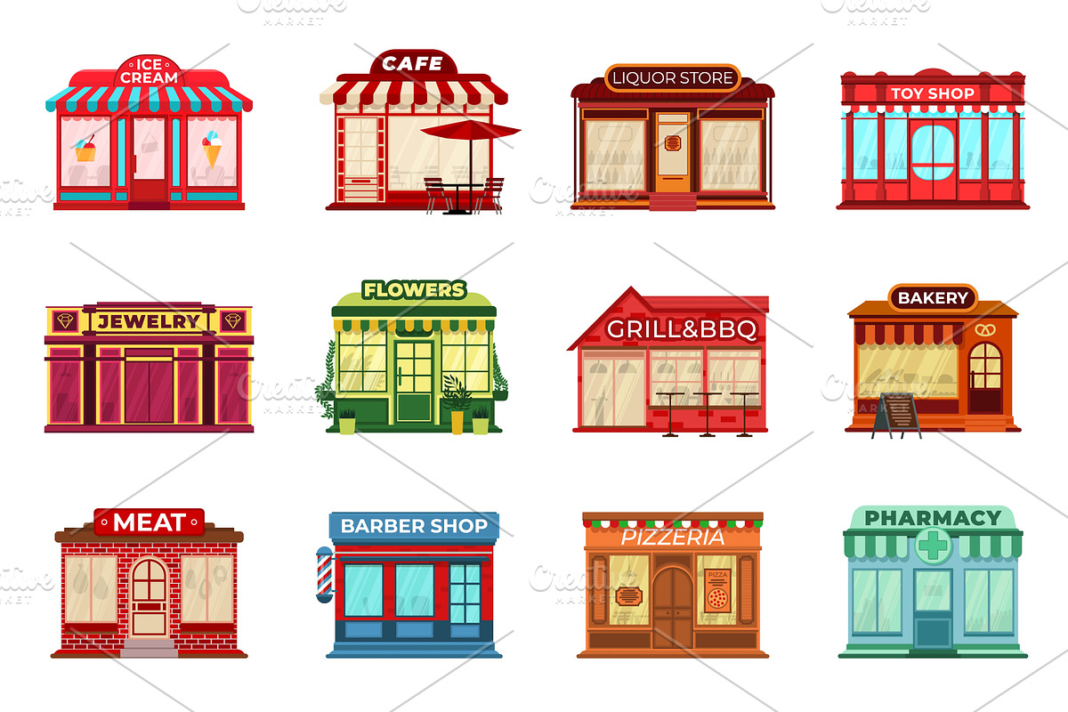 Cartoon flat shop facades. Different, a Background Graphic by Valerie Bodnar