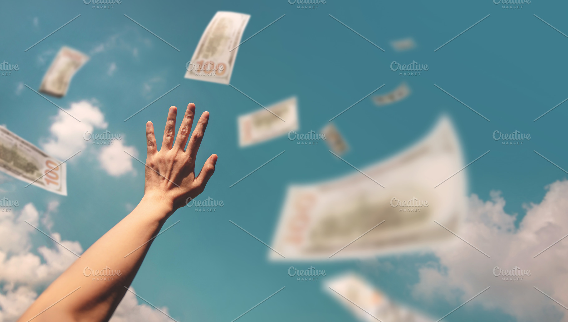 Hands reaching for money floating in the air suggest the endless, a Photo by salmon.black