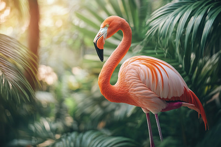 Flamingo standing in clear water with sunlights on blurred background, an Animal Photo by AlyaAnd