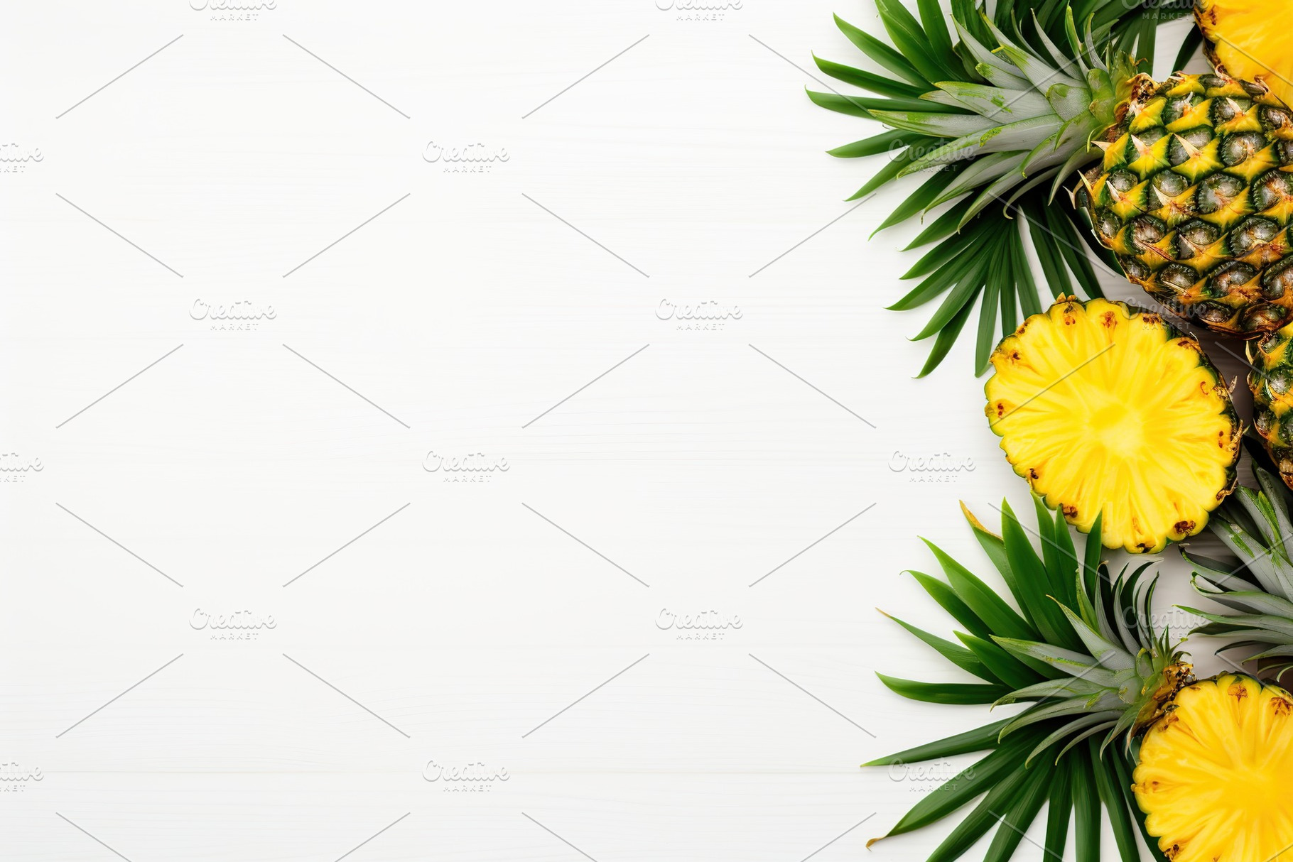 Ripe sliced pineapples on white background, a Food & Drink Photo by AlyaAnd