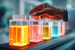 Scientist conducts experiment with colorful liquids in laboratory setting at ni, a Photo by AlyaAnd