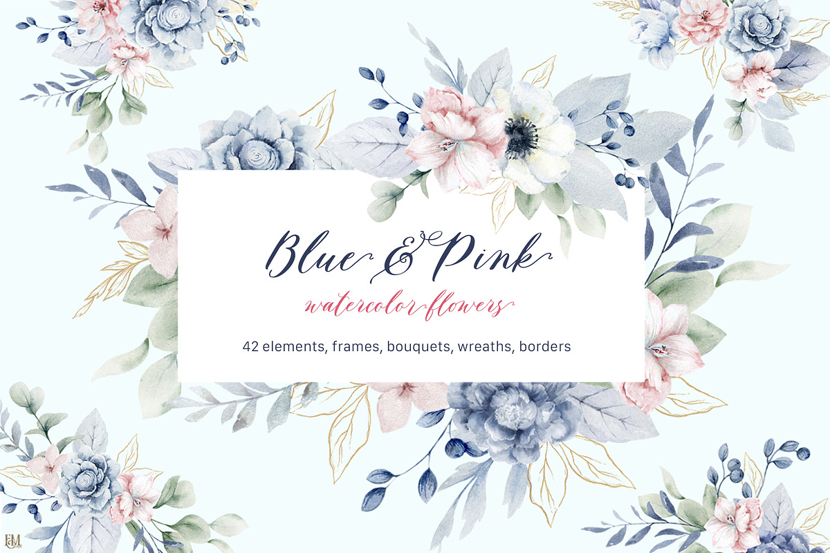 Blue Watercolor Floral Cliparts, a Decorative Illustration by Elena Medvedeva (Photo 1 of 7)