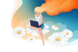 Girl with laptop on camomiles