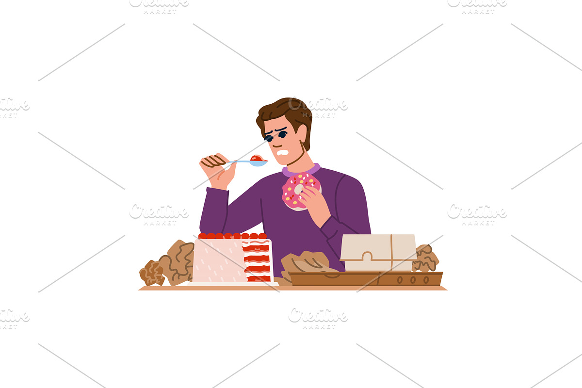 Gluttonous man eating sugary food, a Food Illustration by pikepicture