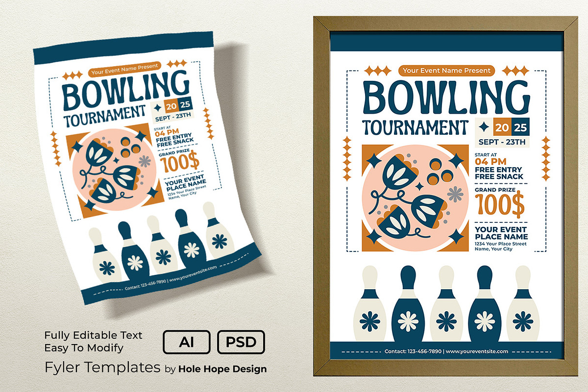 Folk Art Bowling Tournament Flyer, a Flyer Template by Hole Hope Design (Photo 1 of 5)