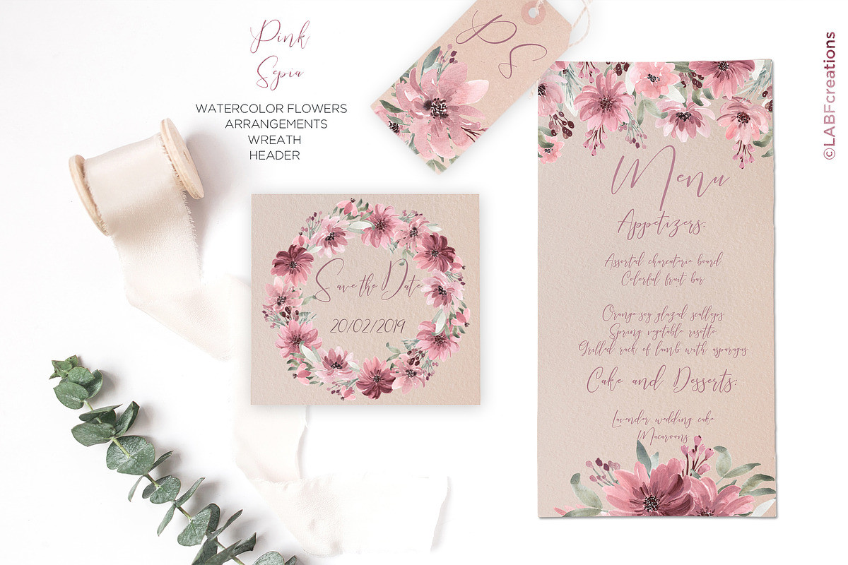 Pink Sepia. Watercolor Flowers, an Illustration by LABFcreations (Photo 2 of 6)