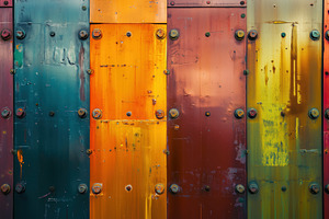 A vibrant, textured wall made of metal panels in various colors, including gree, an Industrial Photo by Textures & Backgrounds