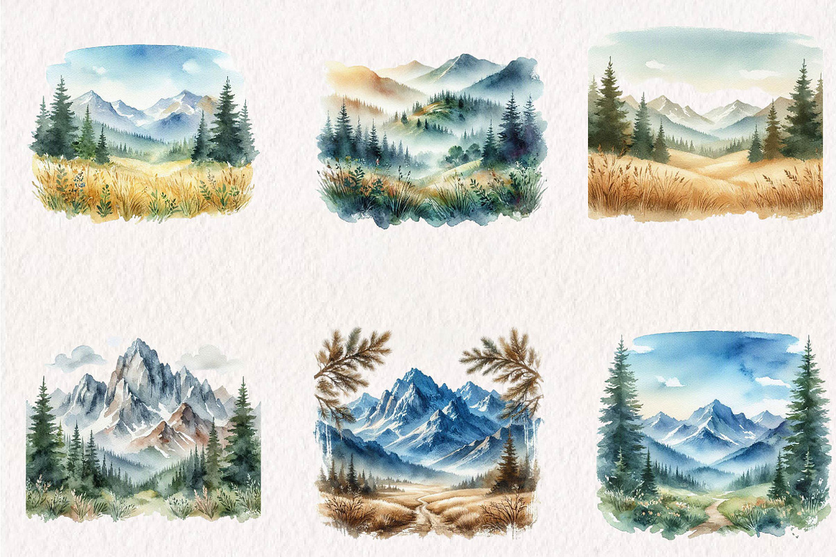 Watercolor Mountain Landscape, a Seasonal Illustration by CreationArt (Photo 3 of 7)