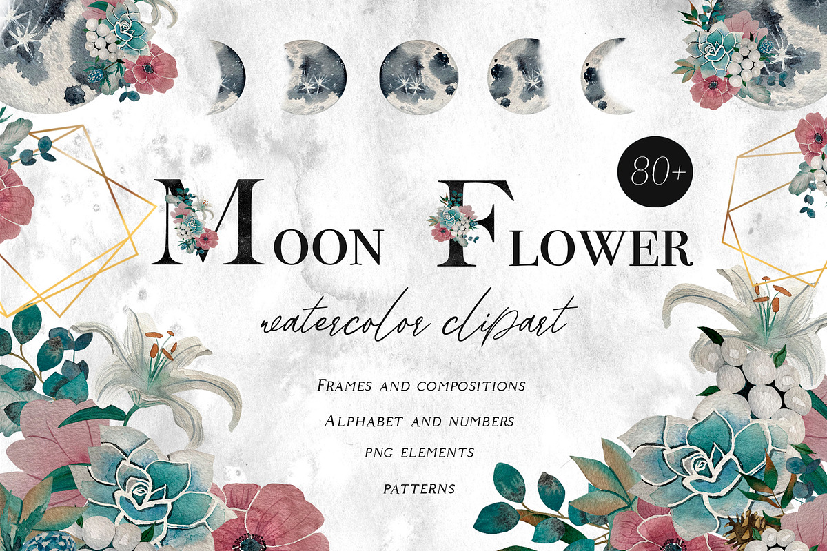 Moon & Flower Watercolor Clipart, an Object Graphic by Kate Creative Studio (Photo 1 of 6)