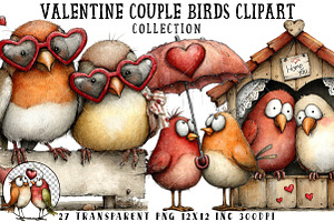 Valentine Couple Birds Clipart, an Illustration by OK Design