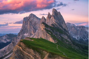 Seceda mountain and pink sky at, a Nature Photo by den-belitsky
