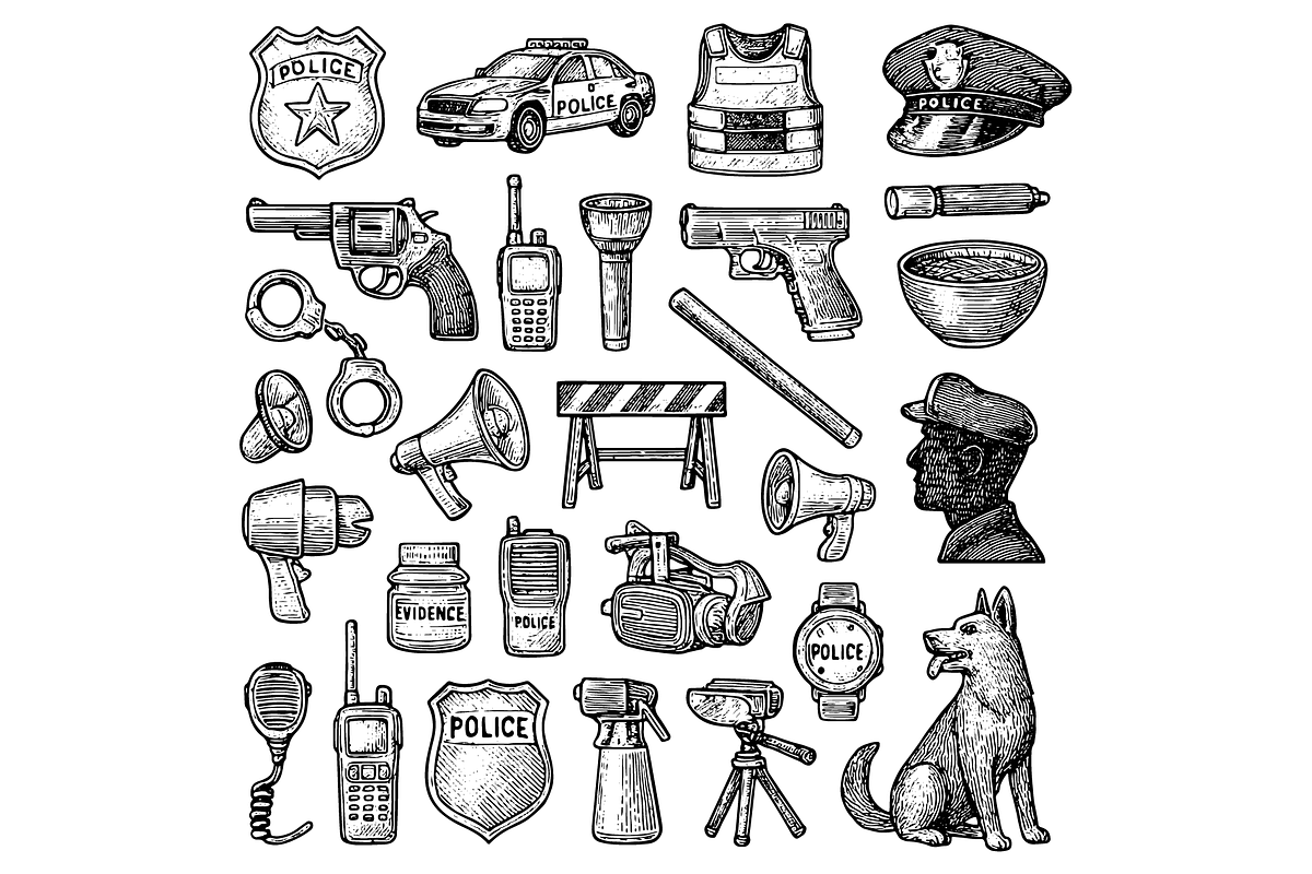 Police Tools Illustration, an Object Graphic by nikagraphic