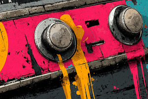 Colorful grunge amplifier close up with painted knobs and vibrant pop art music, a Photo by AS photostudio