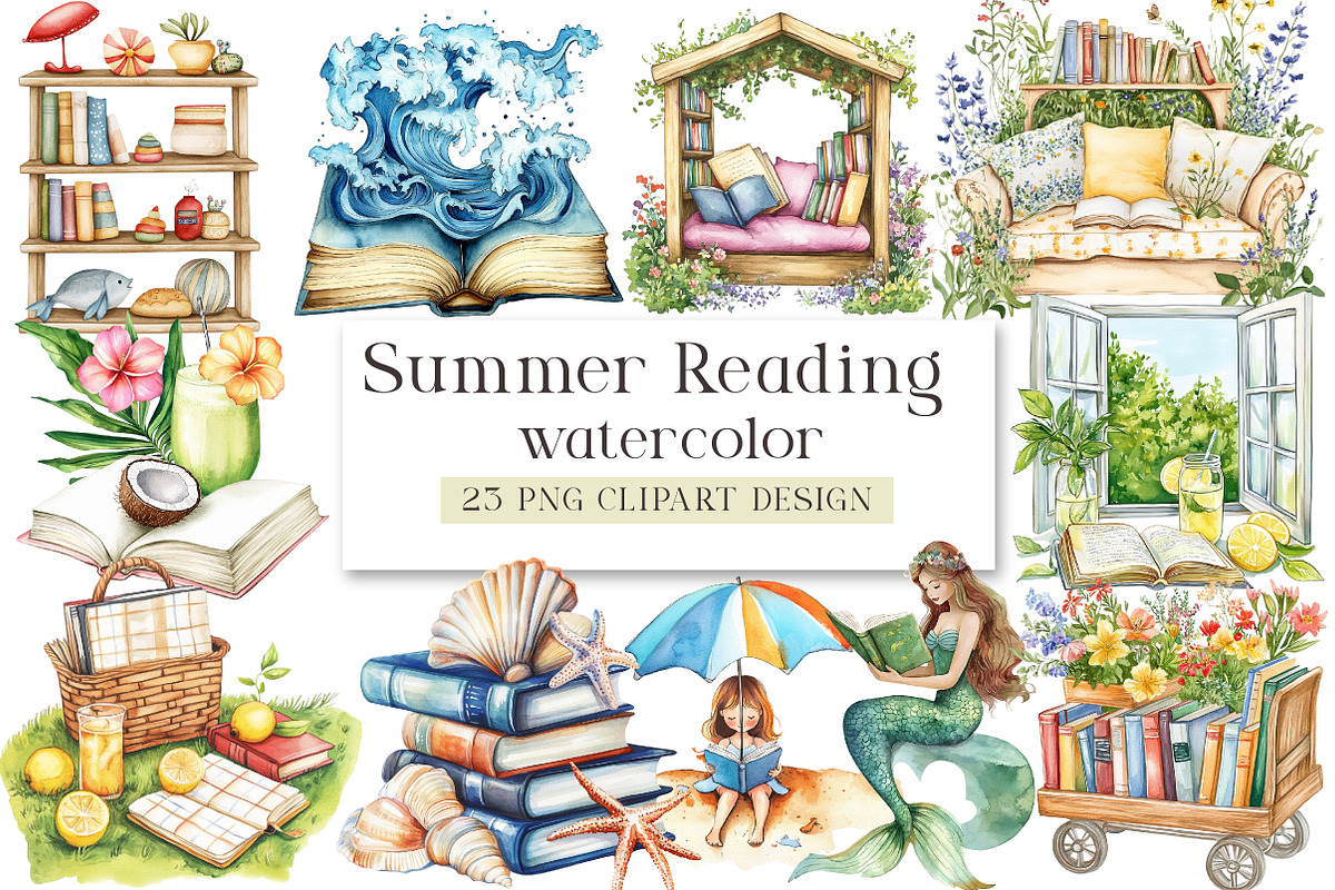 Summer Reading Watercolor Clipart, a Seasonal Illustration by DreamArtGraphic (Photo 1 of 4)