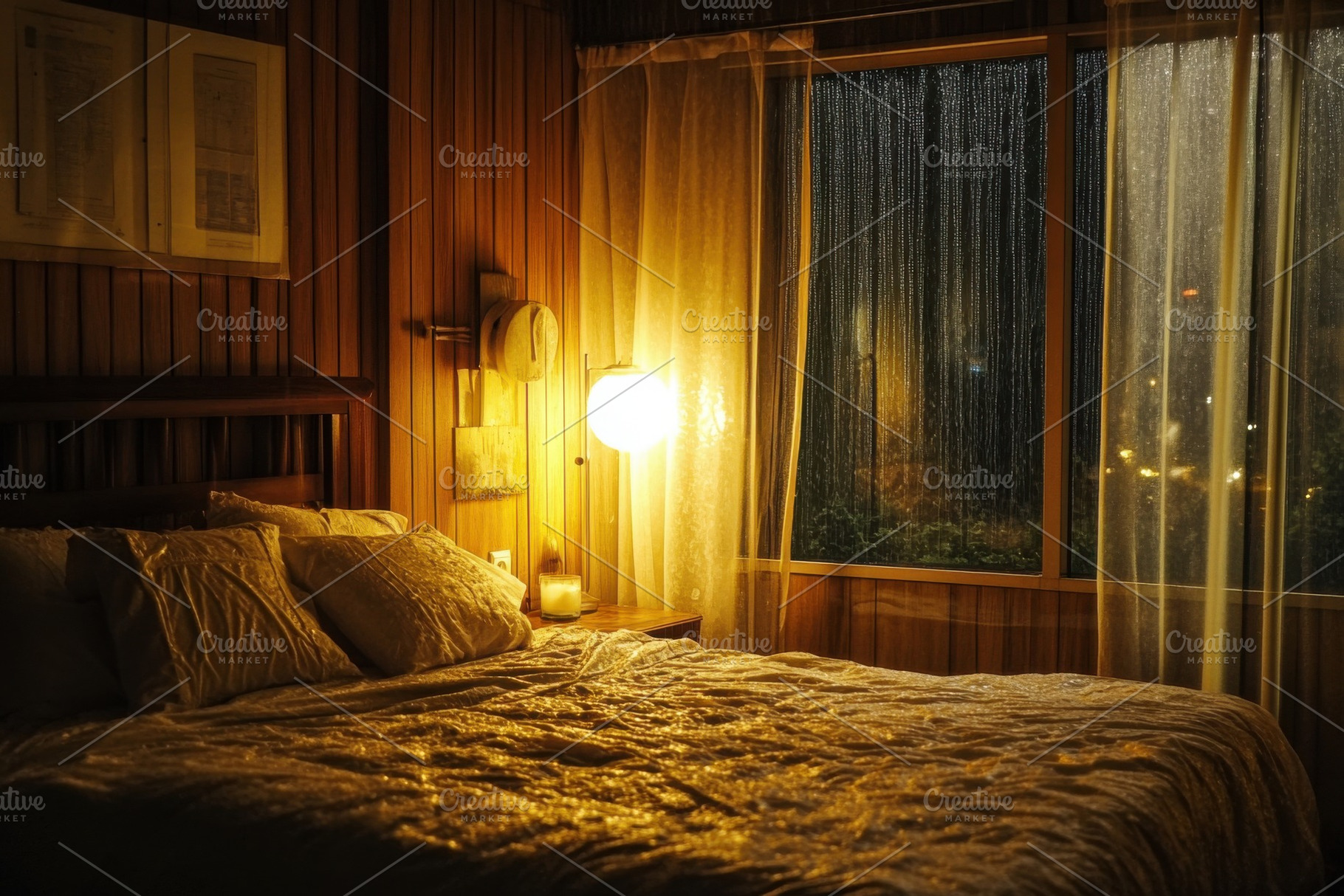 Cozy bedroom illuminated by warm lig, a Photo by Iftikhar Alam