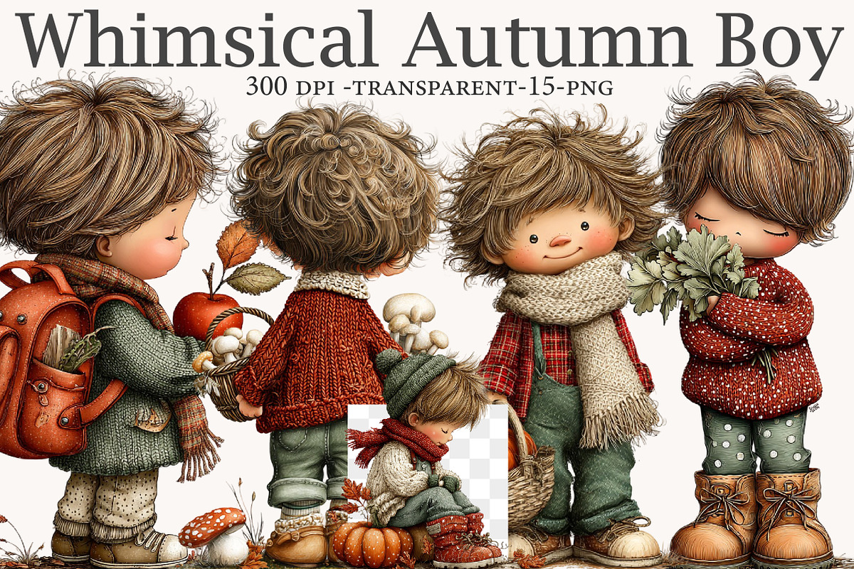 Whimsical Autumn Boy PNG Clipart, an Illustration by Designworld (Photo 1 of 9)