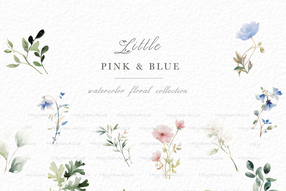 Pink and blue floral clipart, a Decorative Illustration by heyiamalice (Photo 4 of 9)