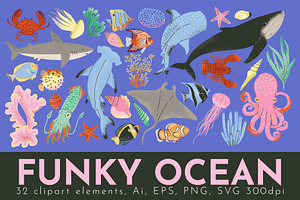 FUNKY OCEAN: clipart, pattern