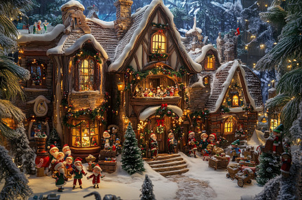 Festive holiday village scene with c, a Photo by Tanuart