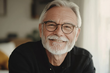Smiling elderly man wears glasses an, a Photo by Iftikhar Alam