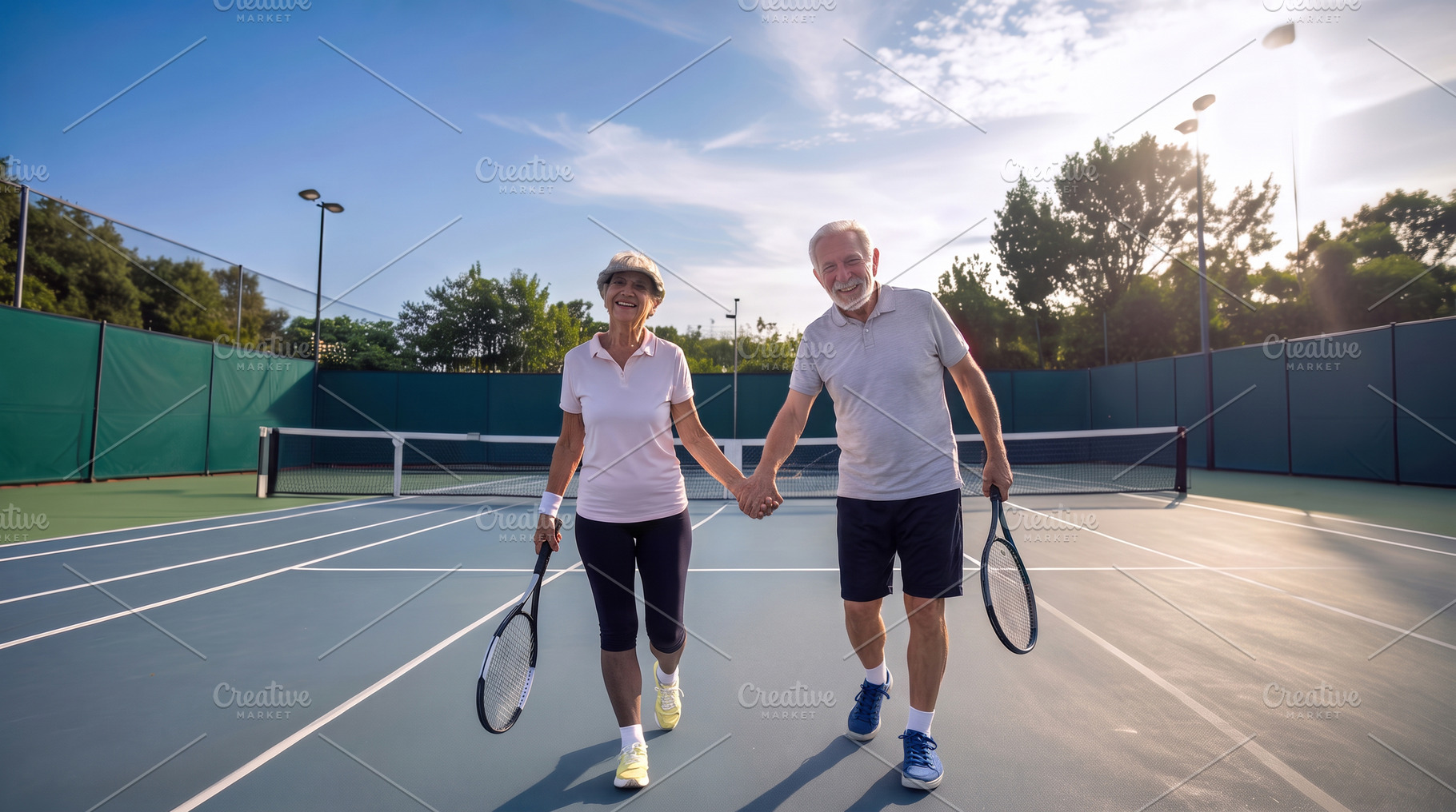 Senior Couple Walking Together on Tennis Court, a Sports & Recreation Photo by Davizro's Market