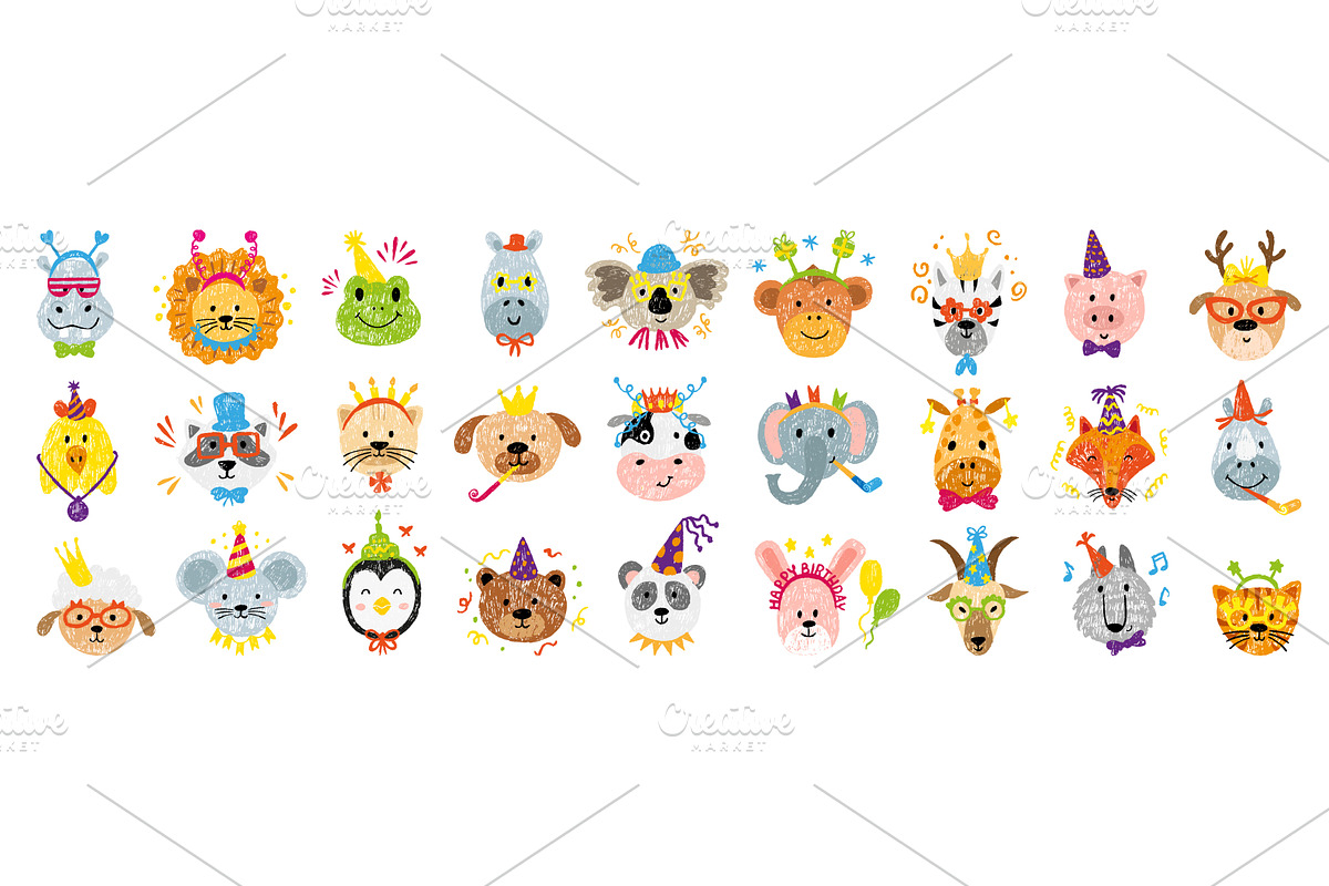Hand drawn birthday animal faces, an Animal Illustration by Valerie Bodnar