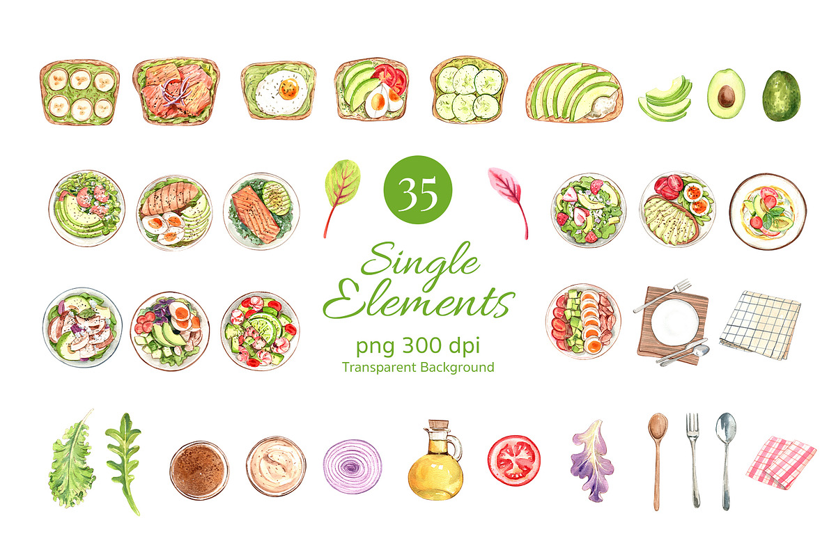 Avocado and Salad Watercolor, a Food Illustration by CreativeValuation (Photo 2 of 11)