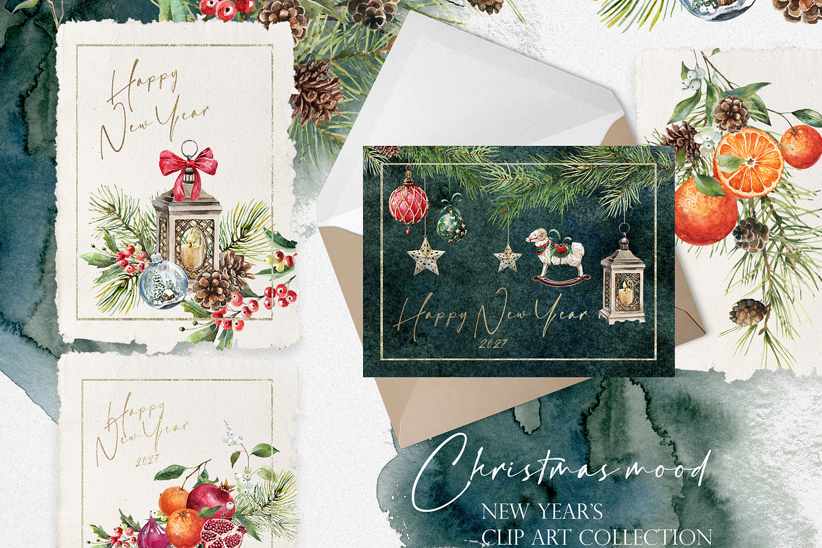 Christmas Mood. Watercolor clipart., a Seasonal Illustration by RushkinaAntonina (Photo 2 of 11)