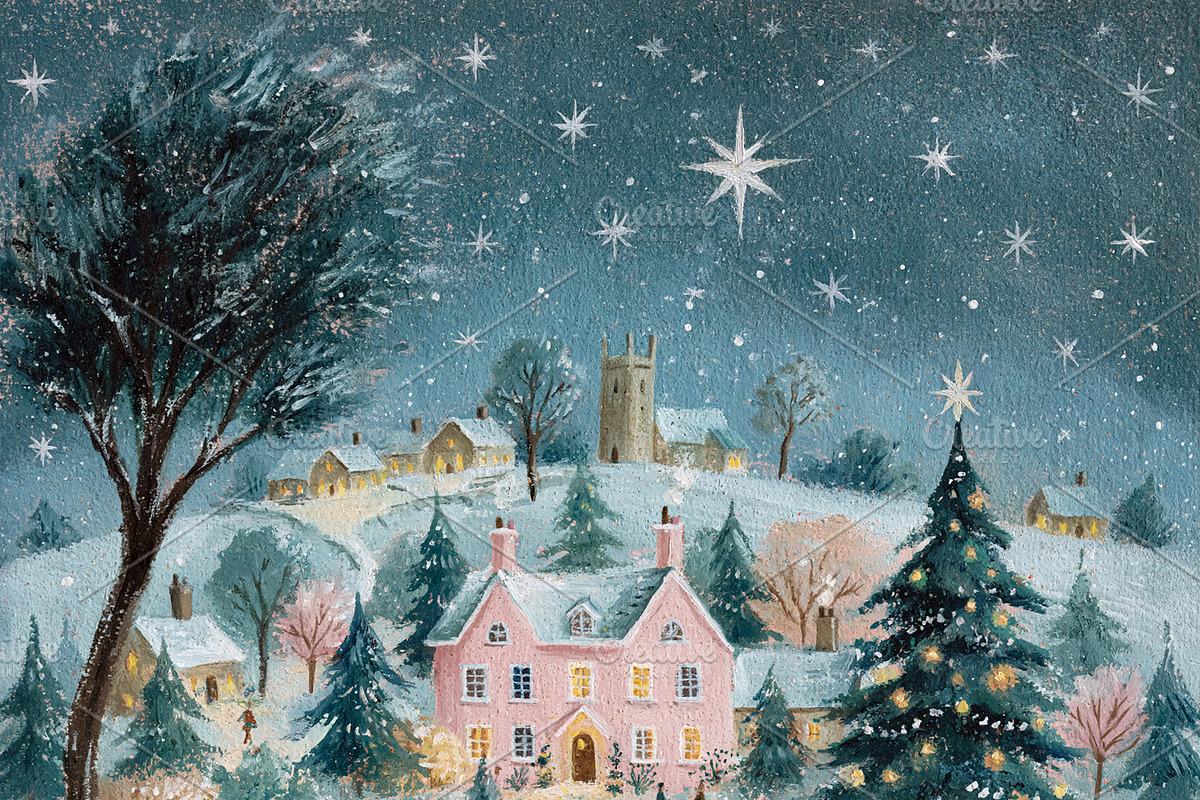 Winter village scene on a snowy night, people walking past a Chr, a Decorative Illustration by Anneleven