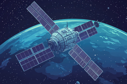 Satellite orbiting Earth, with solar, a Background Photo by Pixeness