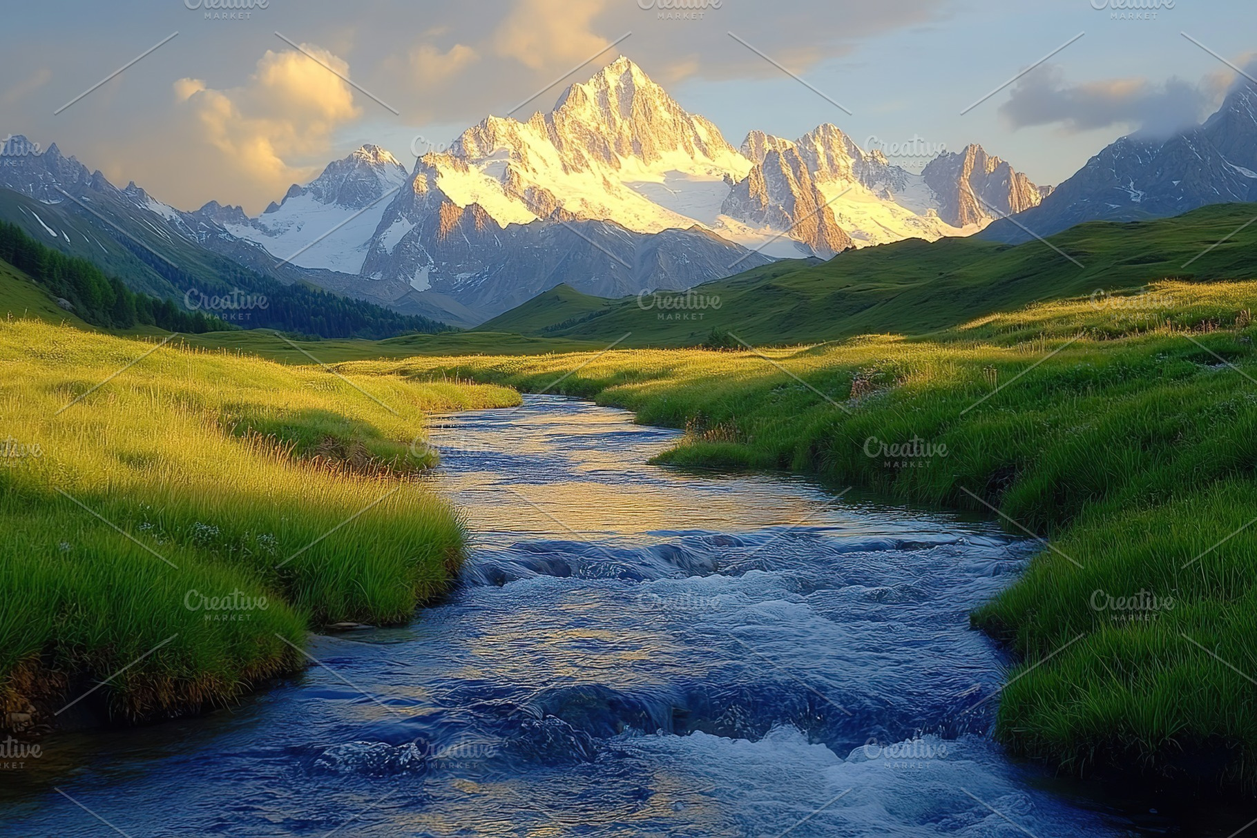 Beautiful landscape with water stream on mountains background, a Nature Photo by AlyaAnd