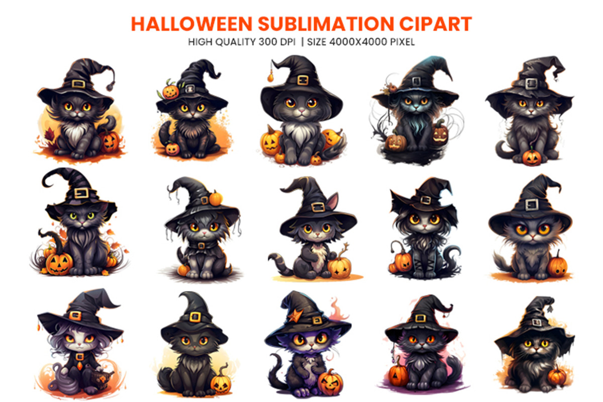 Halloween Cat Witch Clipart Bundle, a Seasonal Illustration by Creative Arslan (Photo 2 of 9)