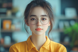 Young woman in yellow shirt wearing, a Photo by Tanuart