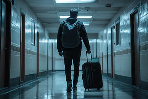 A man walks down a hallway, a Photo by Pavel_design