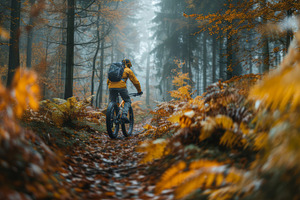 Mountain Biker Riding Through Misty Autumn Forest Trail, a Photo by AS photostudio