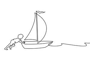 Boy push sailboat to sea. Continuous, a Seasonal Illustration by Valenty