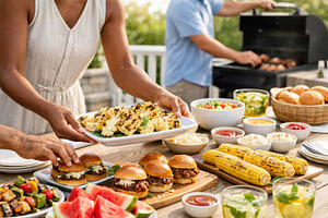 Outdoor vegan bbq with diverse food, a Photo by Dvoevnore photos