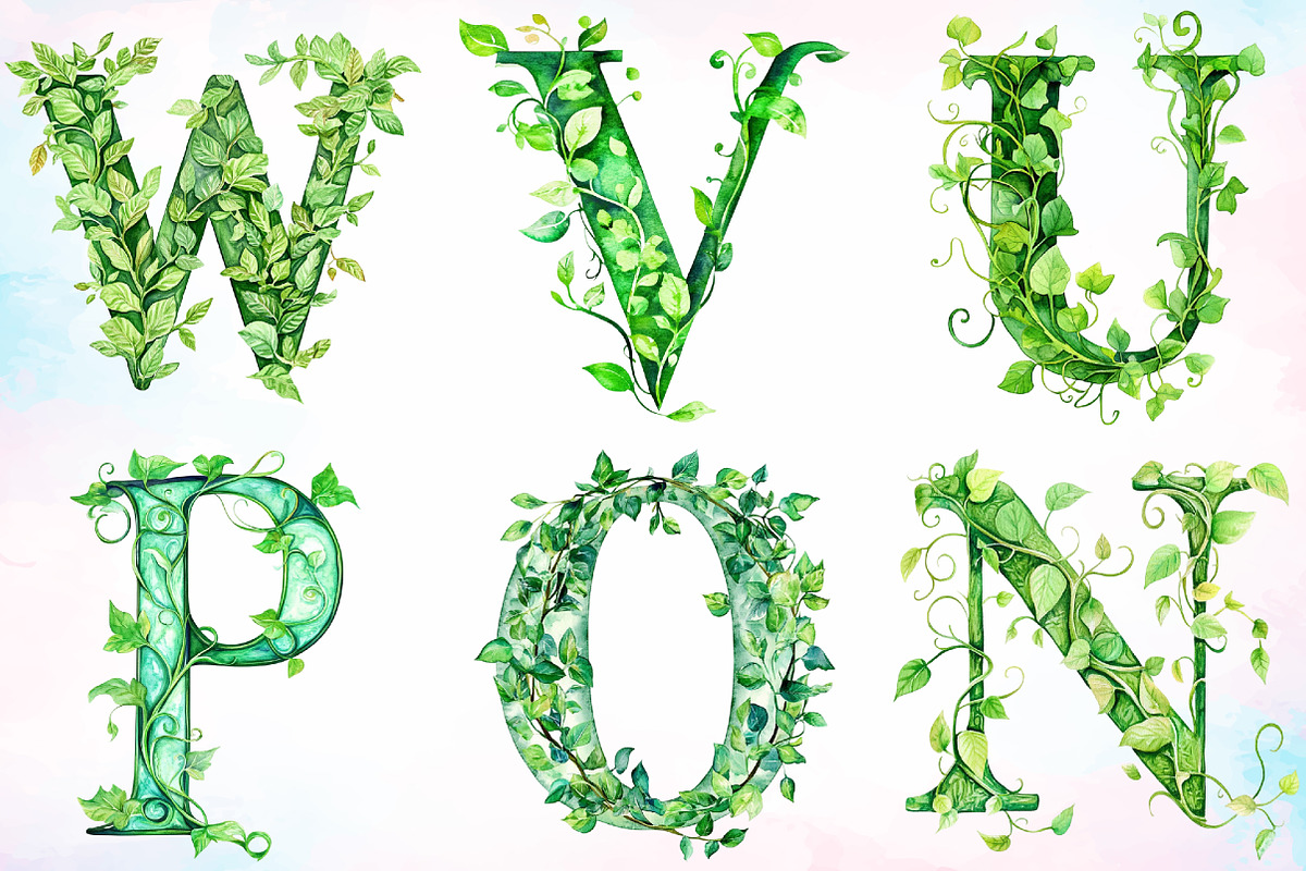 Watercolor Green Leaf Alphabet PNG, an Illustration by Canvas Craft (Photo 2 of 5)